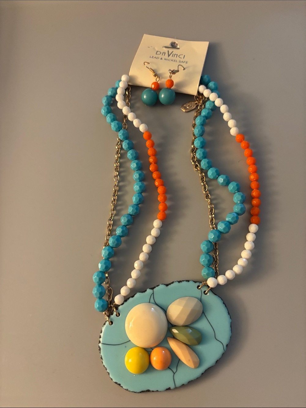 DaVinci Turquoise, White & Orange Beaded Necklace with Multi-Accent Pendant